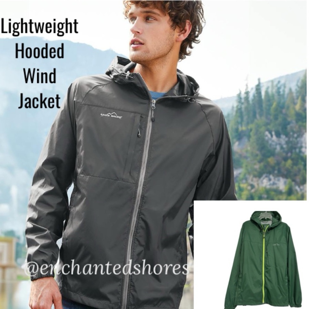Eddie Bauer Wind Jacket Hooded Lightweight Packable Hood Coat Green Grey Men 2XL